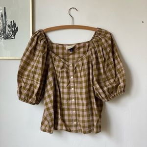 Universal Thread blouse. Faint pink olive gingham. Like new